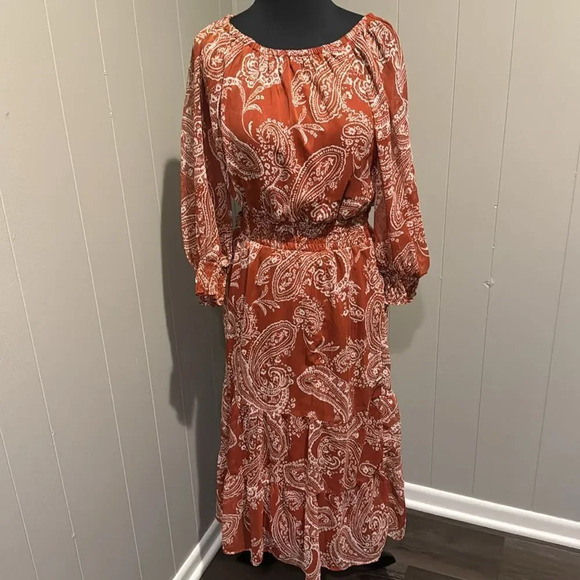 MSK terra cotta paisley print sheer crepe lined shirred waist ruffle hem midi. S - Picture 1 of 7